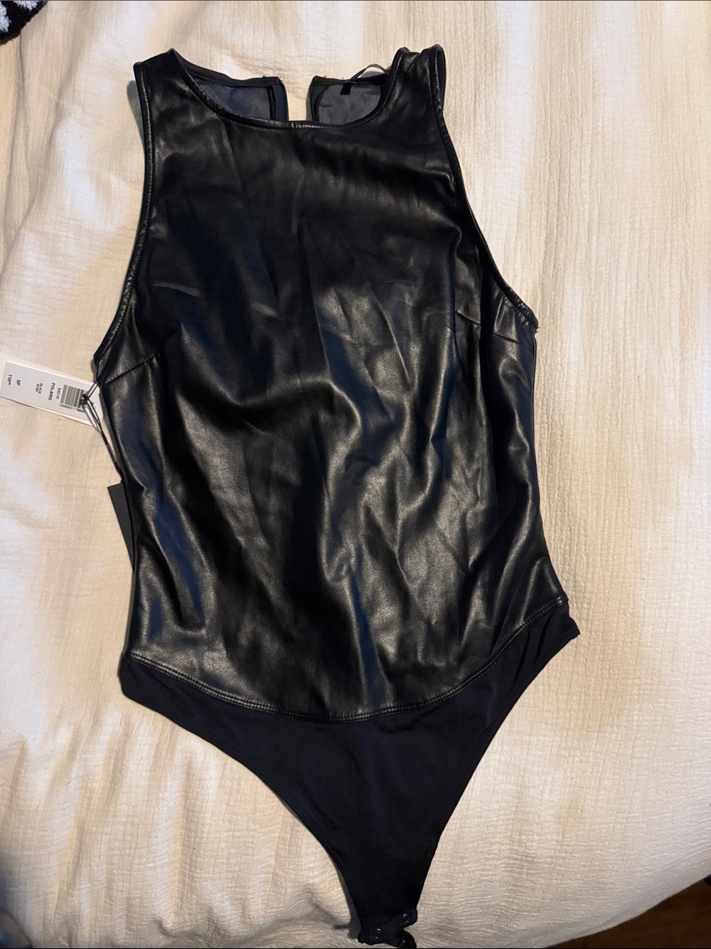 Babaton Black Faux Leather Sleeveless Bodysuit